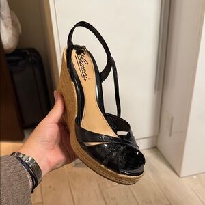 Gucci Black Patent Leather Espadrille Wedges